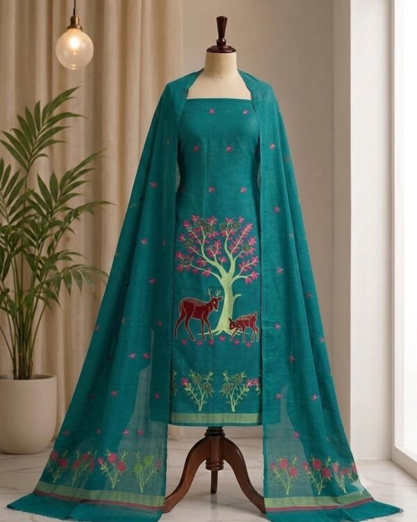Aronnomaya Raja Green Slab Cotton Unstitched Jamdani Kurti Set