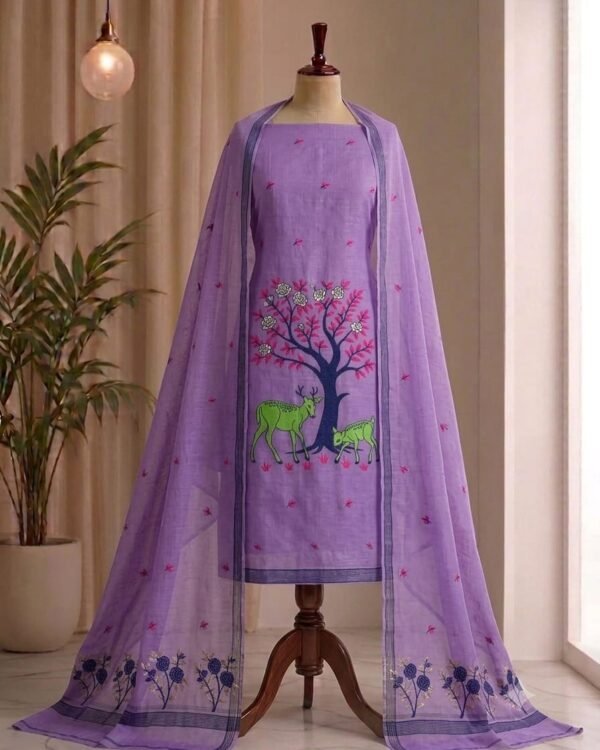 Aronnomaya Purple Slab Cotton Unstitched Jamdani Kurti Set