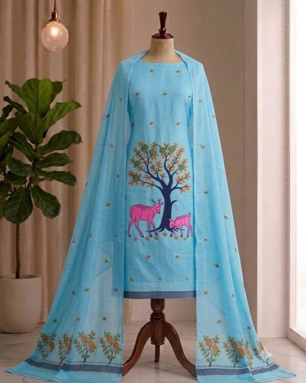 Aronnomaya Sky Blue Slab Cotton Unstitched Jamdani Kurti Set