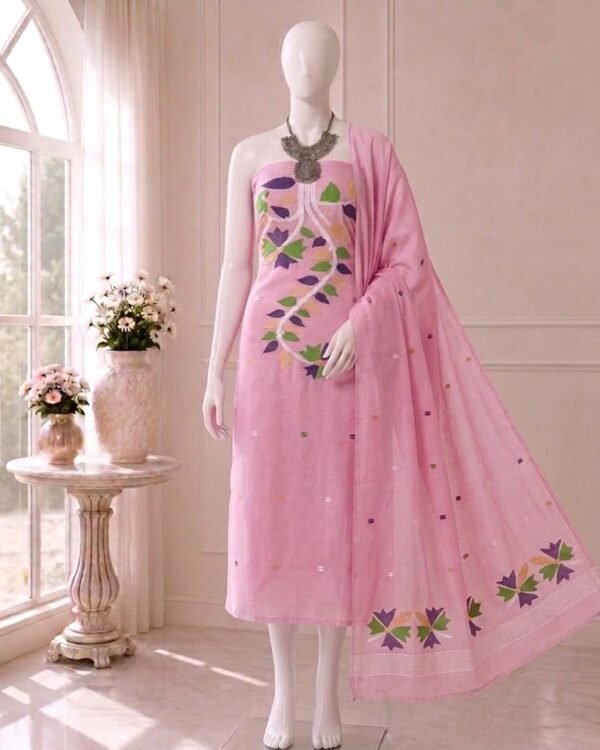 Flower Baby Pink Slab Cotton Unstitched Jamdani Kurti Set