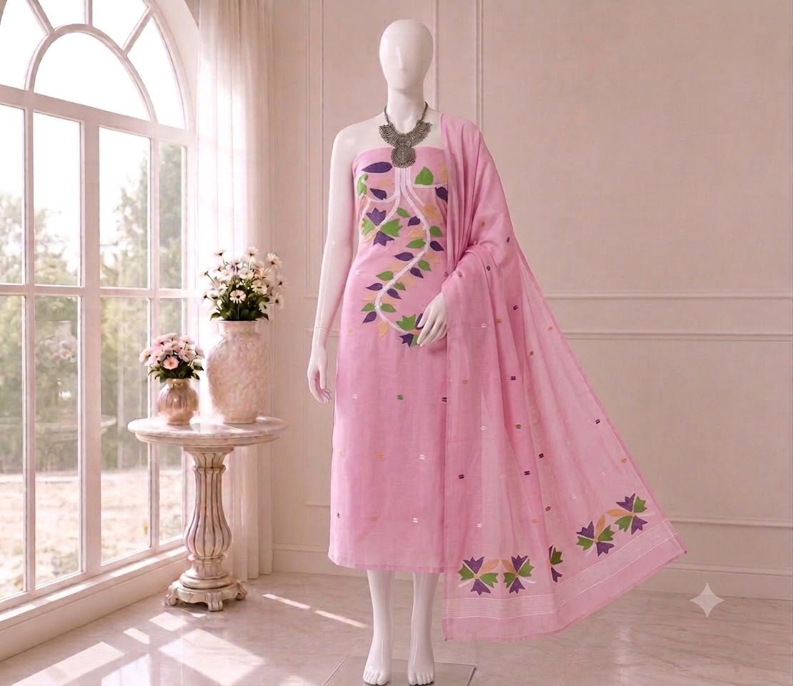 Flower Baby Pink Slab Cotton Unstitched Jamdani Kurti Set
