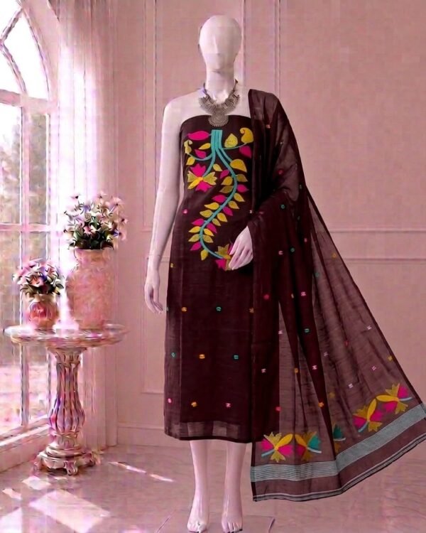 Flower Dark Choklet Slab Cotton Unstitched Jamdani Kurti Set