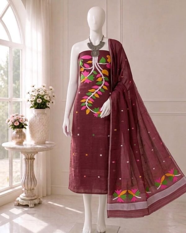 Flower Mearun Slab Cotton Unstitched Jamdani Kurti Set
