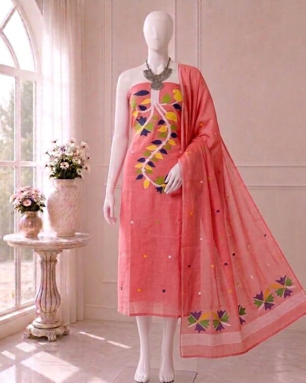 Flower Peach Slab Cotton Unstitched Jamdani Kurti Set