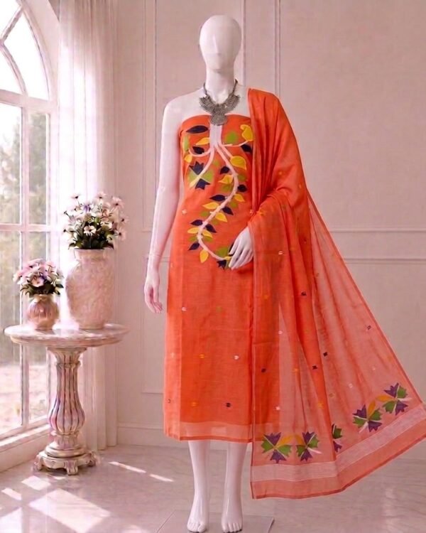 Flower Orange Slab Cotton Unstitched Jamdani Kurti Set
