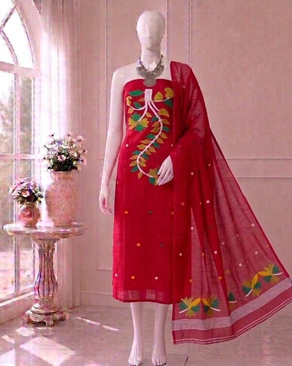 Flower Red Slab Cotton Unstitched Jamdani Kurti Set