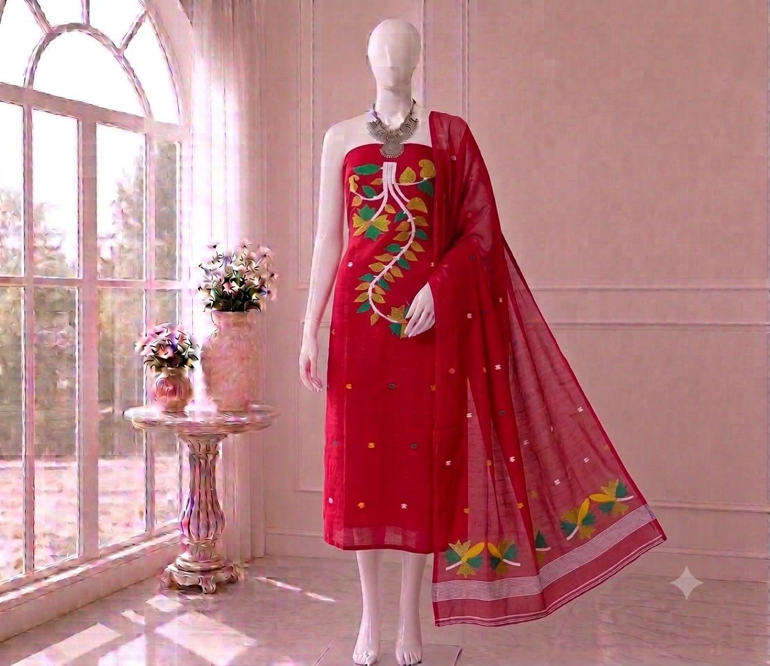 Flower Red Slab Cotton Unstitched Jamdani Kurti Set