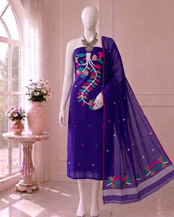 Flower Blue Slab Cotton Unstitched Jamdani Kurti Set