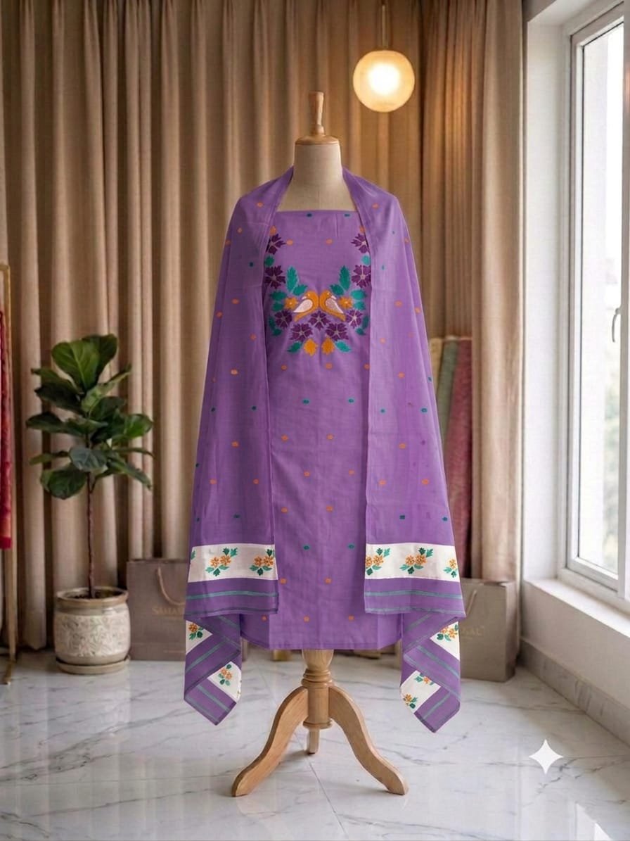 Subarnolata Purple Slab Cotton Unstitched Jamdani Kurti Set