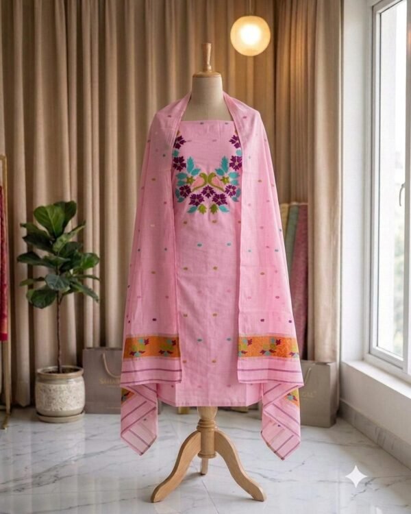 Subarnolata Baby Pink Slab Cotton Unstitched Jamdani Kurti Set