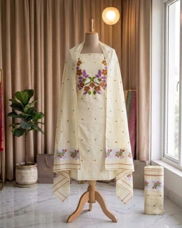 Subarnolata Off White Slab Cotton Unstitched Jamdani Kurti Set
