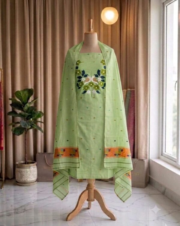Subarnolata Olive Green Slab Cotton Unstitched Jamdani Kurti Set