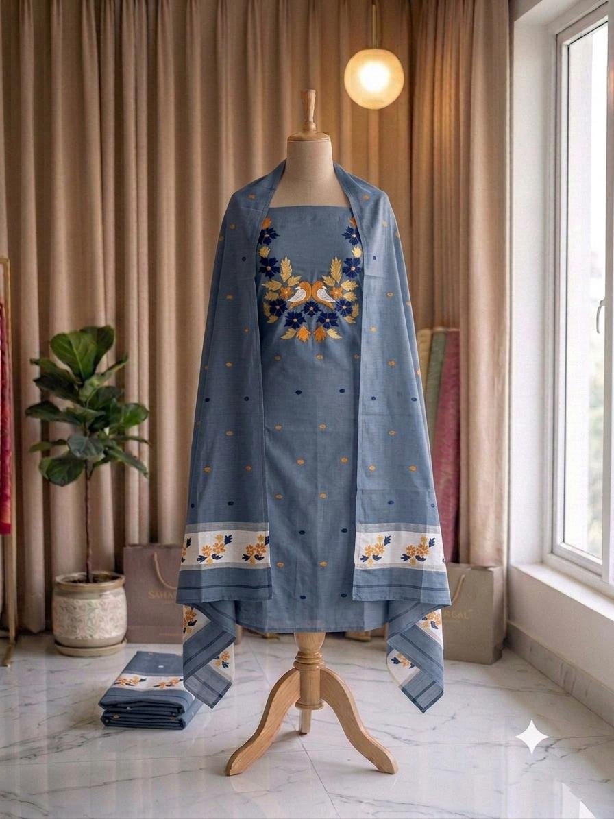 Subarnolata Grey Slab Cotton Unstitched Jamdani Kurti Set
