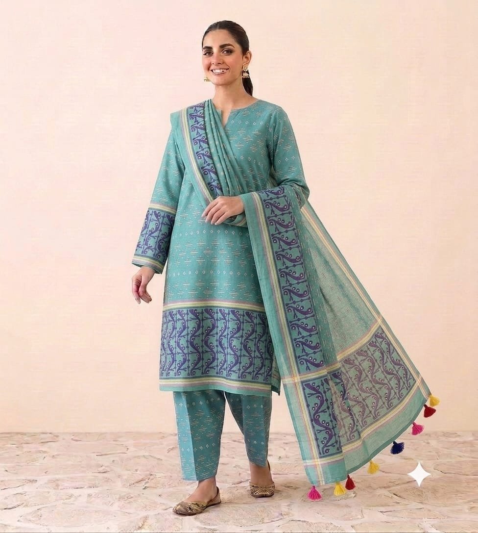 Mrinmoi Green Cotton Two Ps Unstitched Jamdani Kurti Set