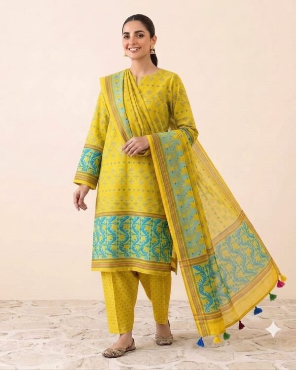 Mrinmoi Yellow Cotton Two Ps Unstitched Jamdani Kurti Set