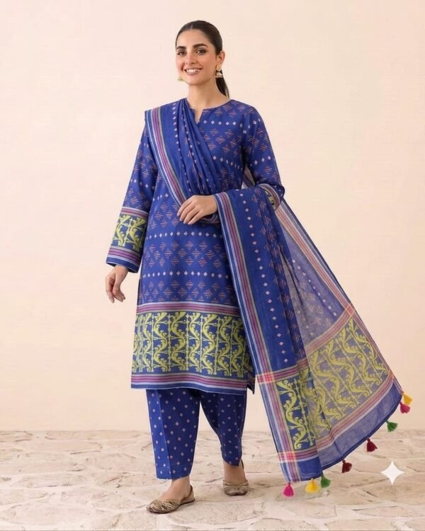 Mrinmoi Blue Cotton Two Ps Unstitched Jamdani Kurti Set