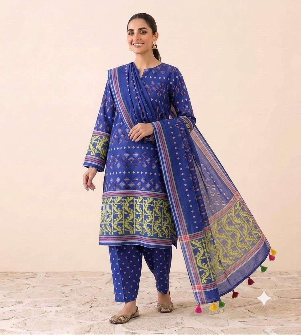 Mrinmoi Blue Cotton Two Ps Unstitched Jamdani Kurti Set
