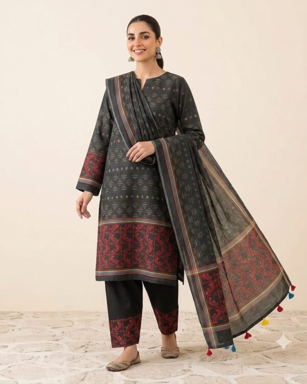 Mrinmoi Black Cotton Two Ps Unstitched Jamdani Kurti Set