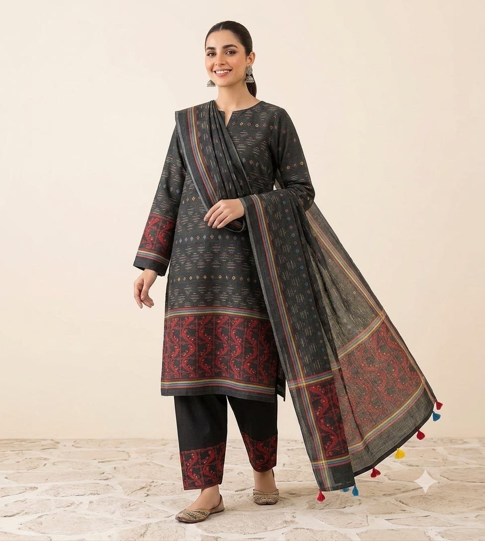 Mrinmoi Black Cotton Two Ps Unstitched Jamdani Kurti Set
