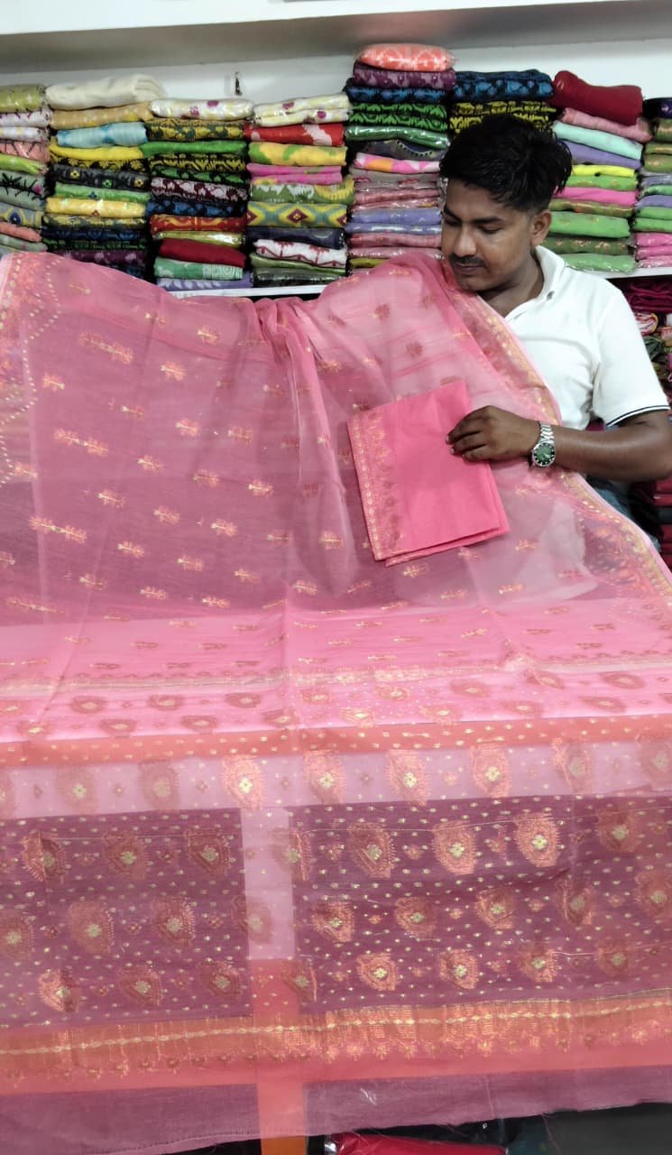 Rose Dhakai Soft Paddokanok Jori Design Jamdani Saree