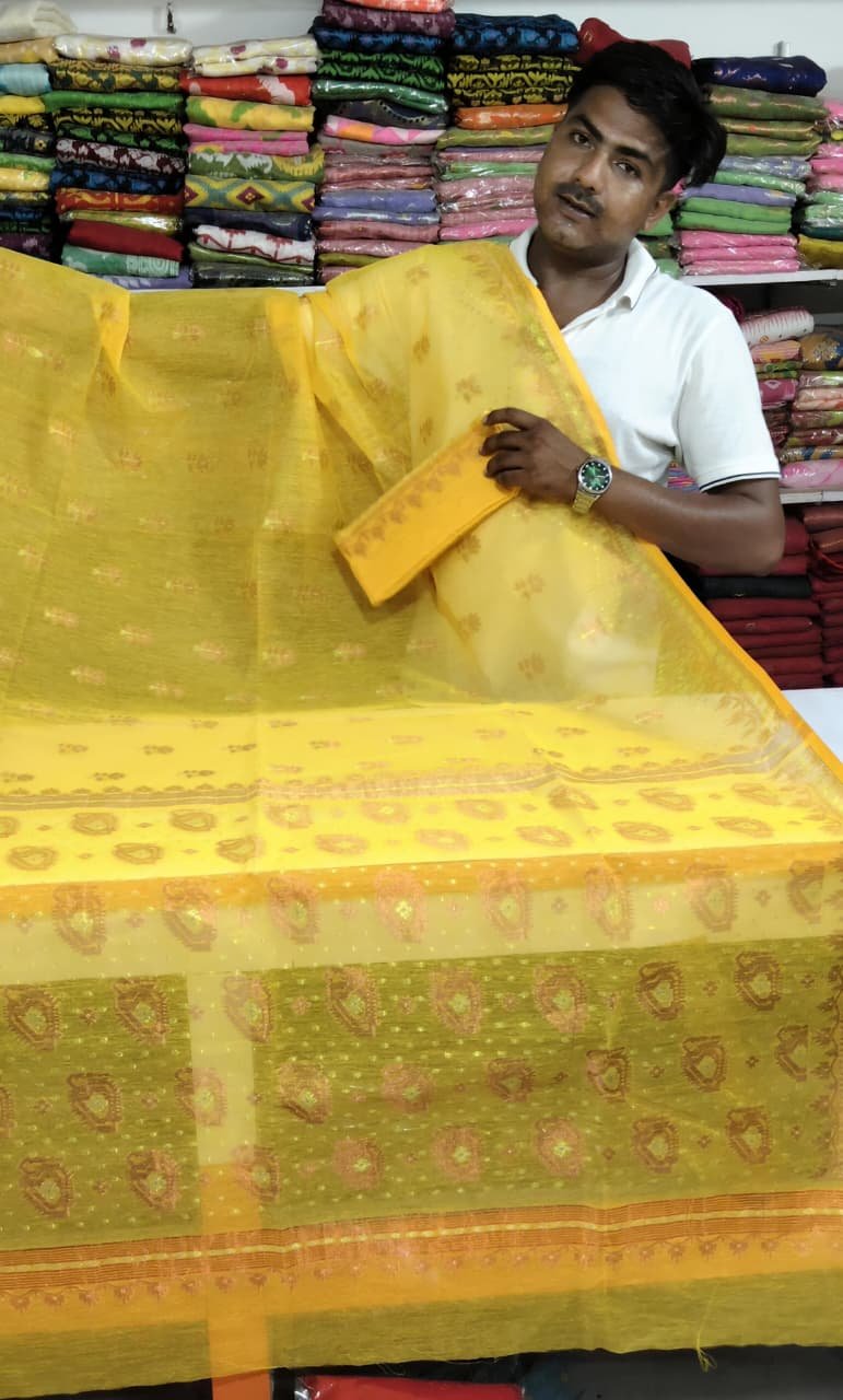Rose Dhakai Soft Yellow Jori Design Jamdani Saree