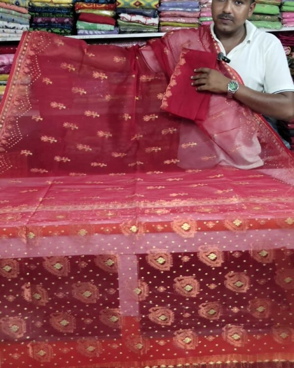 Rose Dhakai Soft Red Jori Design Jamdani Saree