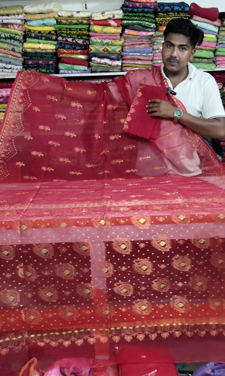 Rose Dhakai Soft Red Jori Design Jamdani Saree