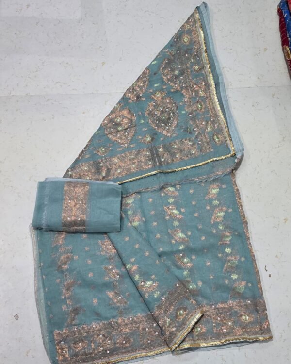 Bapta Jori Mint Green Kardana Hand Work Jamdani Saree