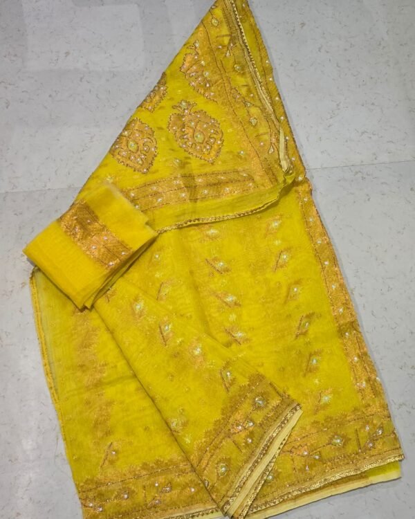 Bapta Jori Lemmon Yellow Kardana Hand Work Jamdani Saree